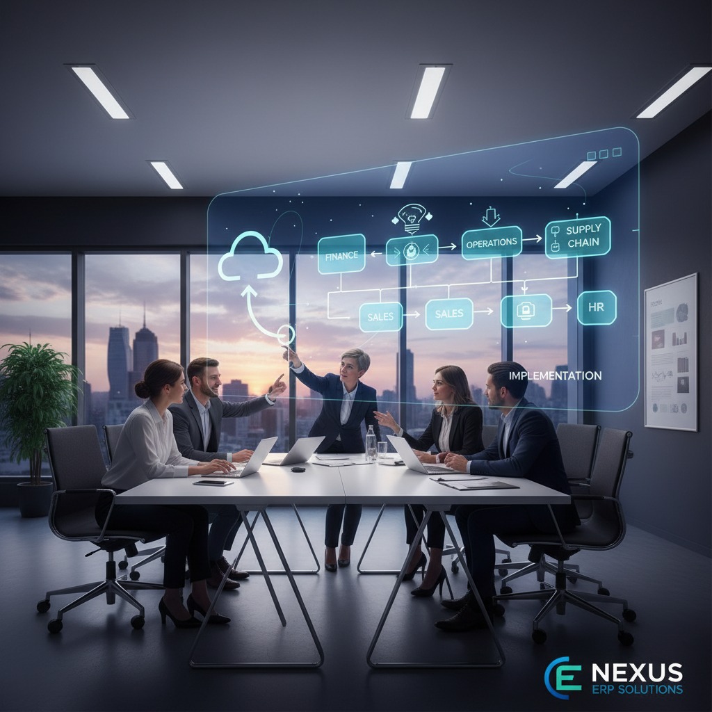 Un equipo de profesionales de negocios colabora en una sala de juntas mientras interactúa con una interfaz digital holográfica que muestra procesos empresariales.
