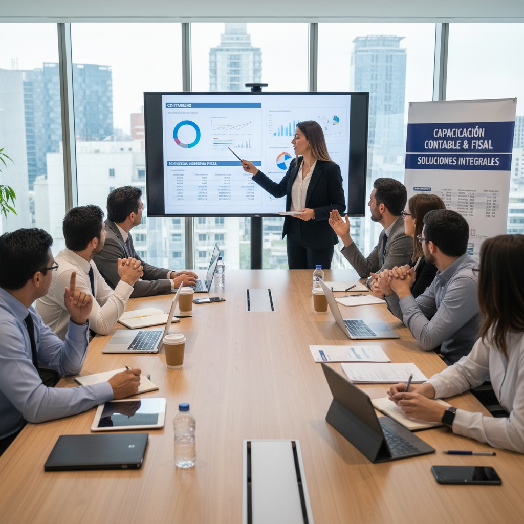 Una mujer de negocios presenta gráficos financieros en una pantalla frente a un equipo de trabajo reunido en una sala de juntas con vista a la ciudad.