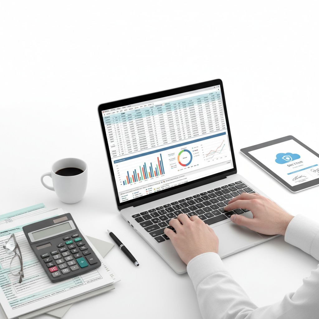 Una persona trabaja en una computadora portátil que muestra gráficos financieros y hojas de cálculo en un escritorio con una calculadora, documentos y una taza de café.
